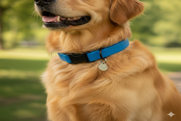 Close-up of a BioThane collar resting comfortably on a dog's neck