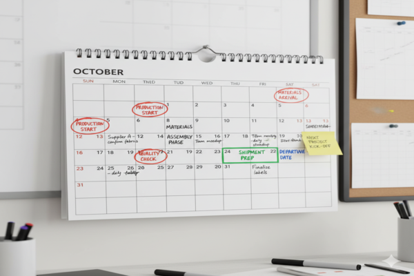 A calendar with shipping and production dates marked to illustrate planning