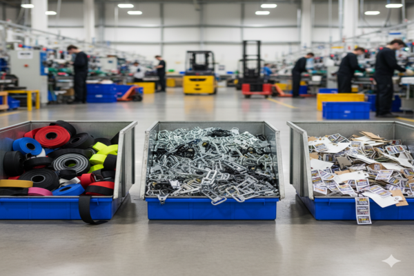 A factory floor with separate bins of webbing, buckles, and labels waiting for assembly