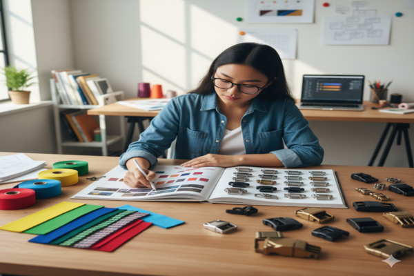 A designer choosing from a catalog of in-stock webbing colors and collar buckles