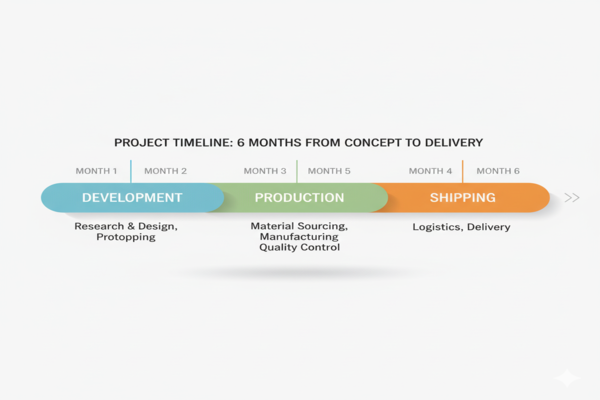 A timeline graphic showing development, production, and shipping phases adding up to 6 months