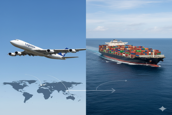 An airplane flying with cargo versus a cargo ship on the ocean
