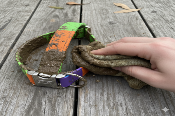 A muddy BioThane collar being easily wiped clean with a cloth
