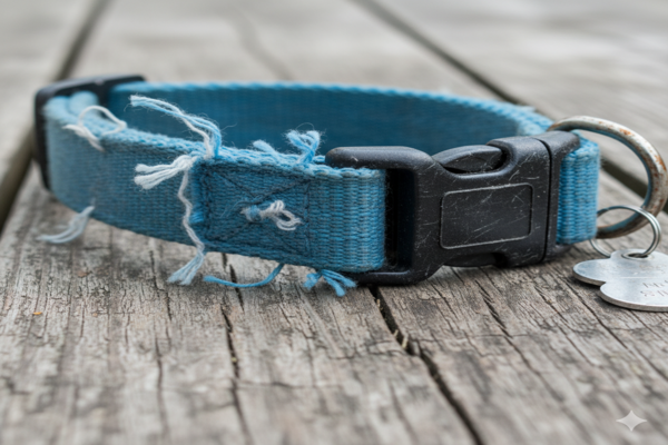 A close-up of a frayed and faded nylon dog collar