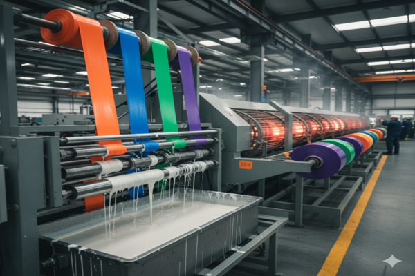 A factory machine applying a PVC coating to webbing