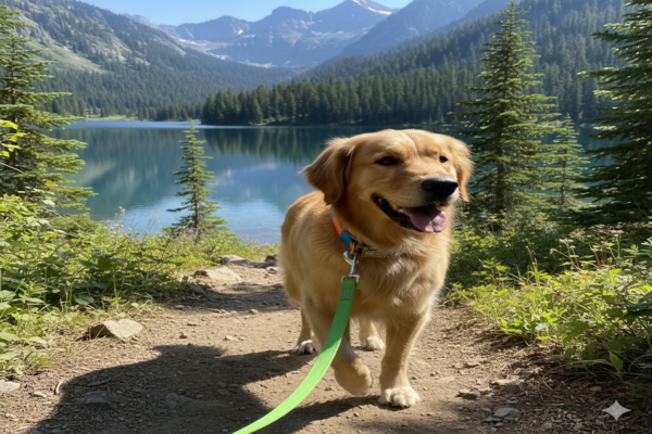 A dog wearing a bright BioThane collar on a hiking trail near a lake