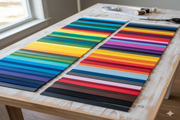 A wide array of colorful BioThane swatches laid out on a table