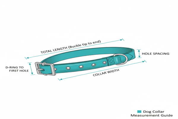 A diagram showing the measurement points of a dog collar: total length, width, and hole spacing