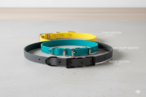An image comparing the width of three BioThane collars: a thin one, a medium one, and a wide one