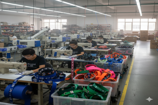 a factory floor showing the production of custom dog collars
