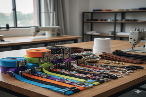 a variety of raw materials for dog collars, such as nylon webbing and metal buckles