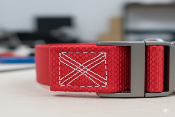 a close-up of reinforced box stitching on a heavy-duty dog collar