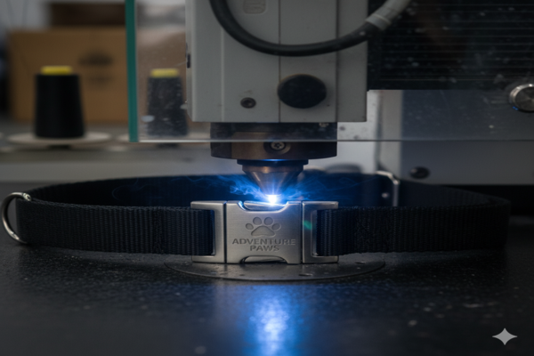a laser engraving machine putting a logo on a metal dog collar buckle