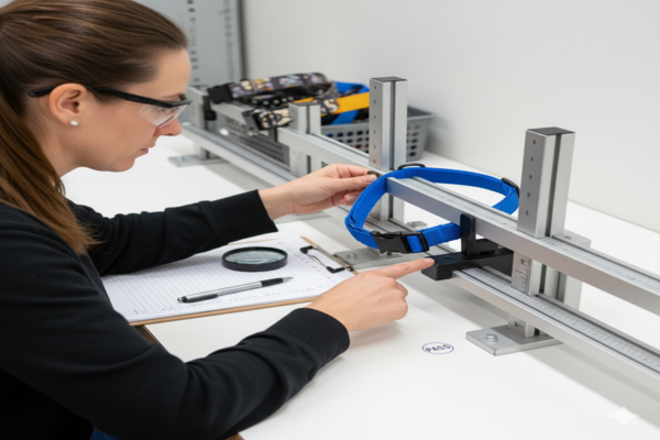 a quality control inspector measuring a dog collar with a sizing jig