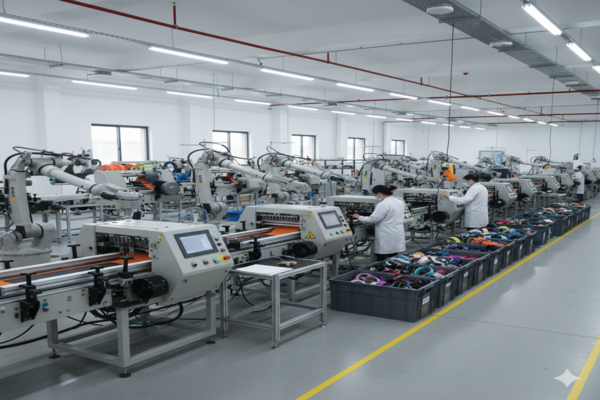 a large-scale factory with automated machinery for producing dog collars
