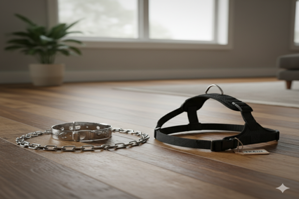 a choke chain collar next to a modern front-clip harness