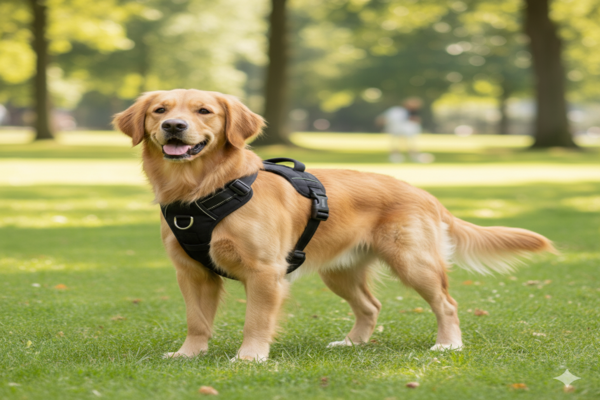 a dog wearing a well-fitted front-clip no-pull harness