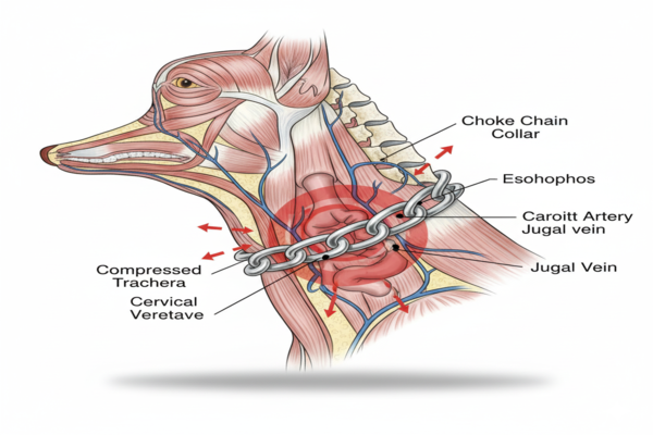 a diagram showing pressure on a dog's trachea from a choke collar