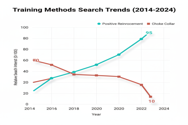 a chart showing the growth of searches for "positive reinforcement" vs. "choke collar"