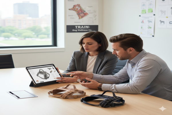 two business partners reviewing a new innovative harness design on a tablet