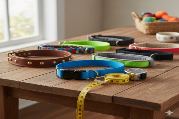 a collection of different dog collars with a tape measure