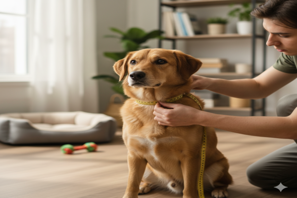 a person carefully measuring a dog's neck with a soft tape measure