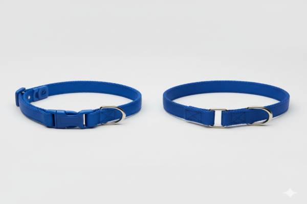a side-by-side comparison of a standard collar and a martingale collar