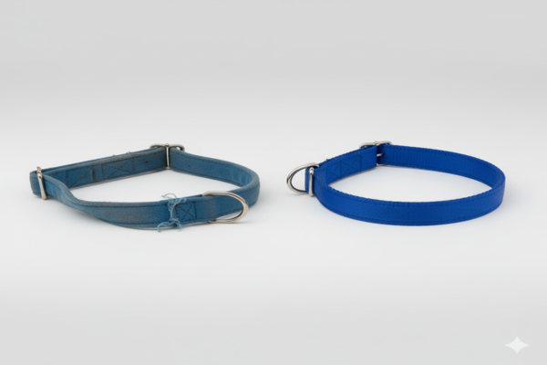 an old, stretched dog collar next to a new one of the same supposed size