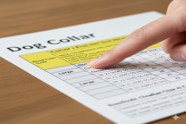 a person's hand pointing to the adjustable range on a dog collar sizing chart