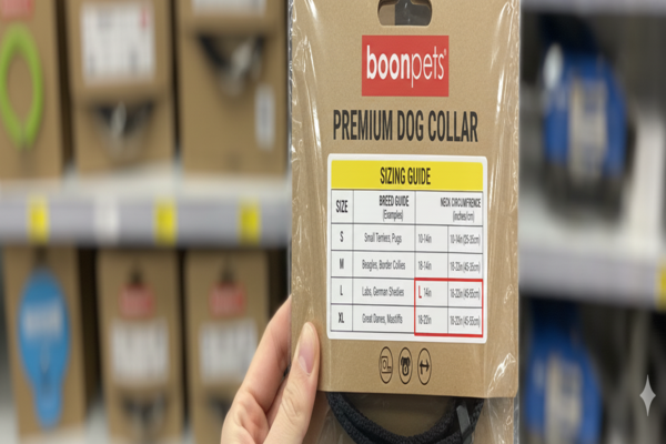 a close-up of a dog collar package with a clear, easy-to-read sizing guide