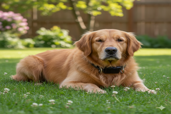 A dog wearing a bark collar peacefully lying on the grass