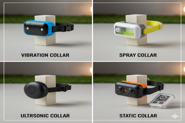 A collage showing four different types of bark collars