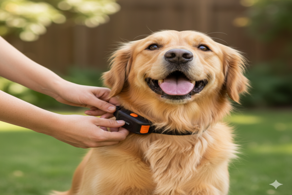 A person adjusting a bark collar on a happy-looking dog