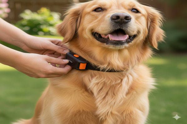 A close-up of a person checking the fit of a bark collar on their dog's neck