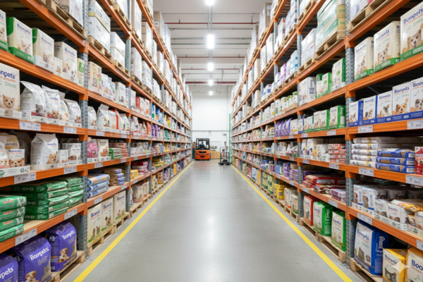 A warehouse aisle fatores with Boonpets branded pet product boxes
