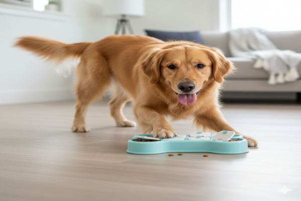 A dog happily playing with a puzzle toy