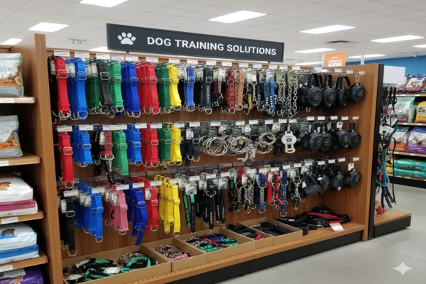 A display of various dog training collars in a retail store