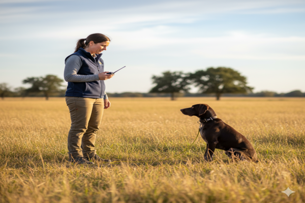 A professional dog trainer using a remote e-collar in a field