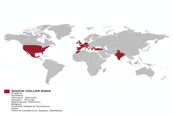 A map highlighting regions with shock collar bans