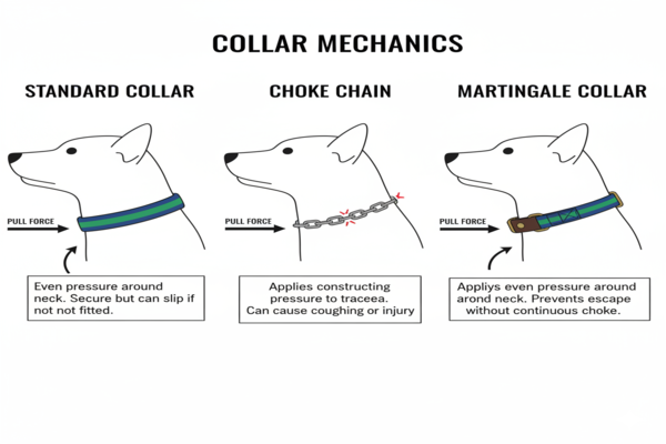 a diagram comparing how a standard collar, a choke chain, and a martingale collar function when a dog pulls
