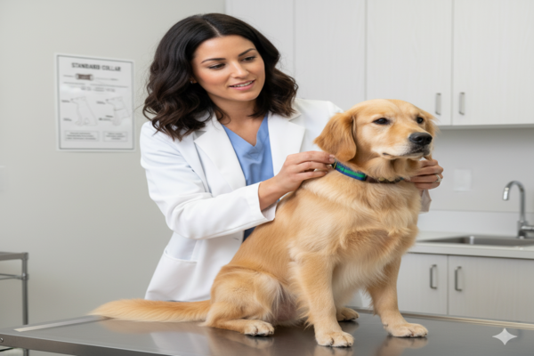 a veterinarian demonstrating the proper fit of a martingale collar on a dog model