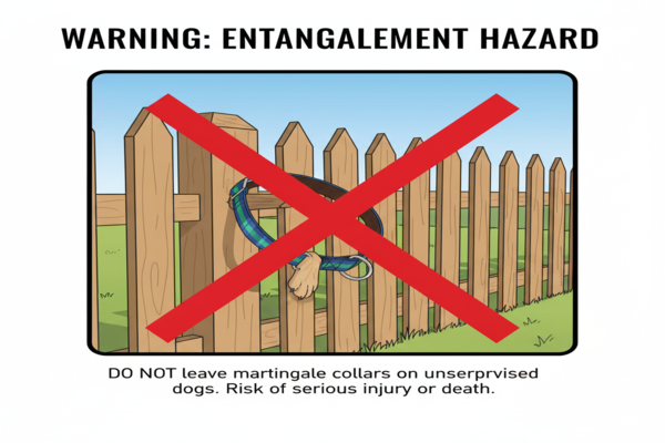a warning graphic showing a martingale collar caught on a fence post with a red X over it