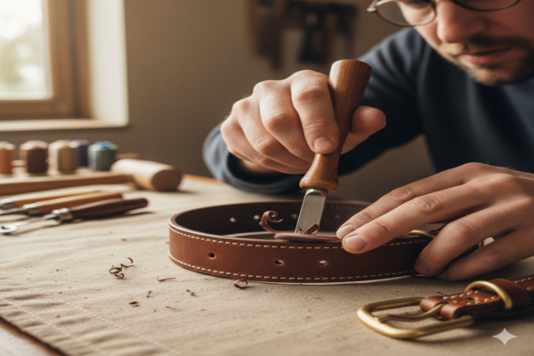 a craftsman finishing the edge of a high-quality leather dog collar