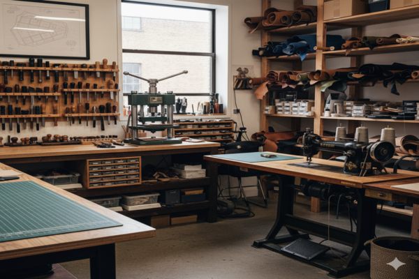 an organized workshop showing professional leatherworking tools like a die press and industrial sewing machine