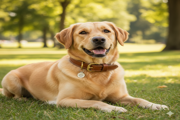 a happy dog comfortably wearing a well-fitted, finished-edge leather collar