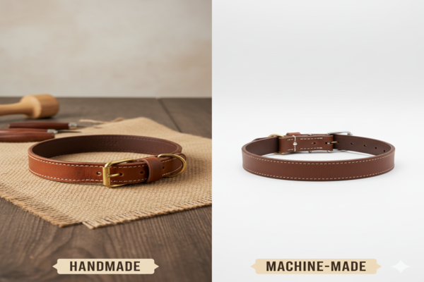 a side-by-side comparison of a handmade collar with slight imperfections and a manufactured collar with perfect consistency