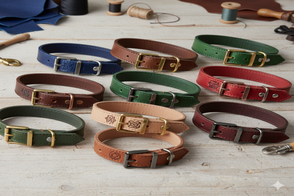 a collection of custom leather collars showing different colors, embossed logos, and unique hardware