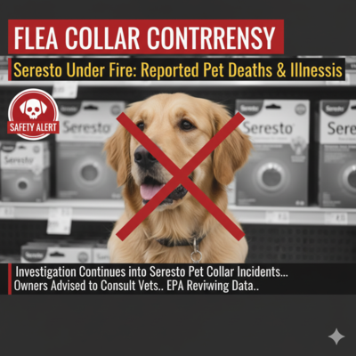 a news headline graphic about the safety concerns of Seresto flea collars