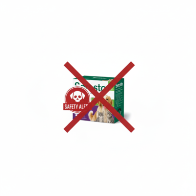 an image of a warning symbol over a Seresto collar to represent safety concerns