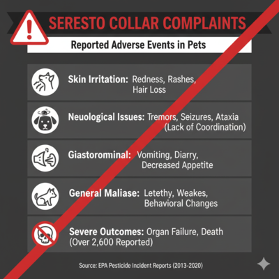 a chart or graphic listing the main complaints against Seresto collars from skin issues to neurological problems